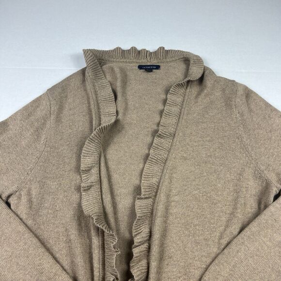 Lands End Womens Wool Blend Cardigan Beige Ruffled Open Front Warm Sweater XL - Picture 3 of 10